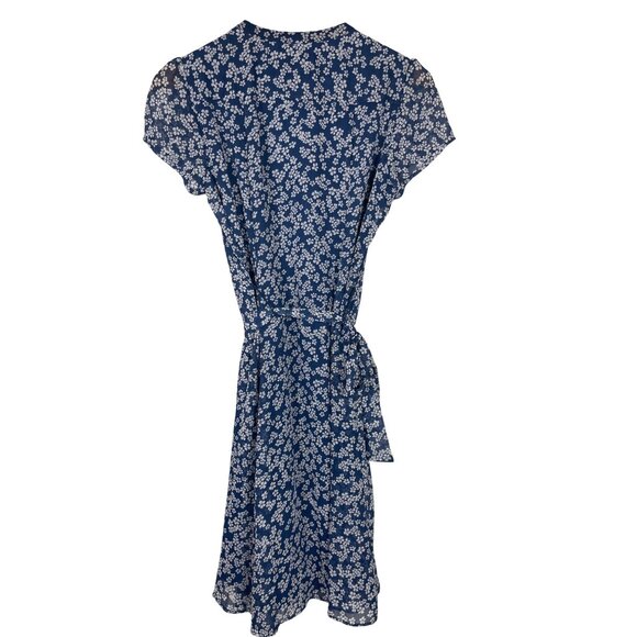 Blue Floral MSK Womens Dress Size 4 Polyester V-Neck Short Sleeve Belted - Picture 3 of 6